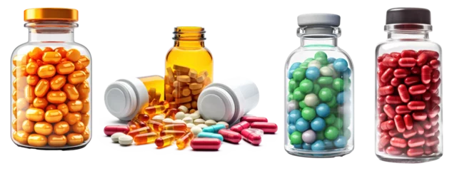 Foto auf Acrylglas Apotheke Set of scattered capsules on a white background. capsule bottles isolated on transparent background, capsule pharmacy bottle pill drug concept