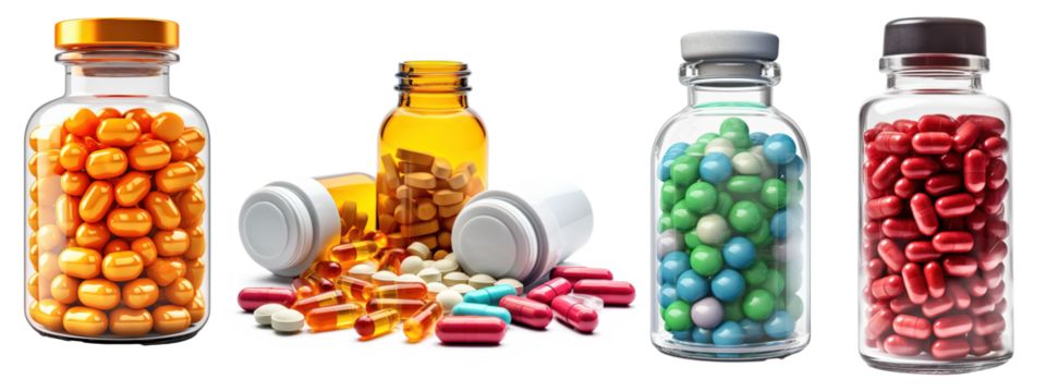 Set of scattered capsules on a white background. capsule bottles isolated on transparent background, capsule pharmacy bottle pill drug concept