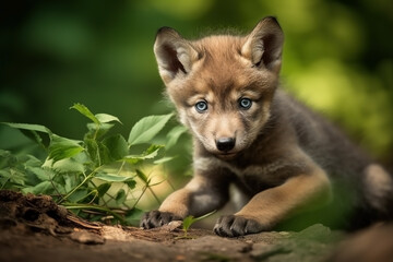 Obraz premium Wolf cub in nature on summer forest background. Closeup animal portrait. Ai generated