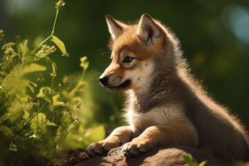 Wolf cub in nature on summer forest background. Closeup animal portrait. Ai generated