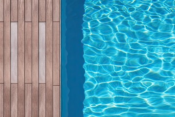Poolside paradise. Top view of an empty outdoor pool with wooden board on beautiful relaxing background