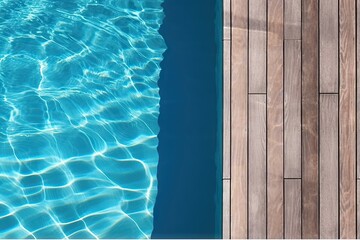 Obraz premium Poolside paradise. Top view of an empty outdoor pool with wooden board on beautiful relaxing background