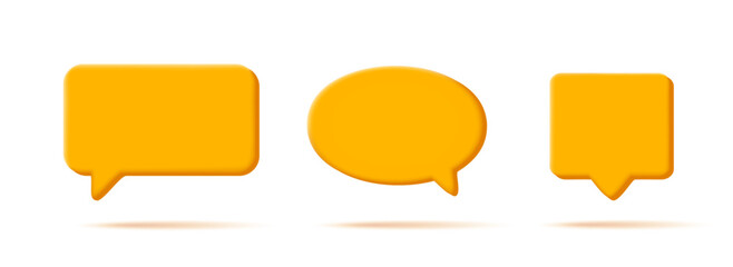 Speech, communication, dialogue bubbles - 3d render round and square shaped icon set. Yellow shapes blank shapes