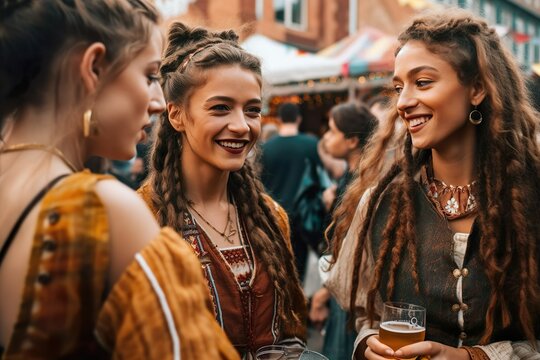 Youthful Oktoberfest Joy: Young Models in Dirndl Enjoying Festivities, Laughing, and Having Fun Together, Generative AI