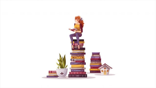 Woman sitting on the stack of books and reading. Bookstore, bookshop, library, book lover, bibliophile, education concept. Animation video.