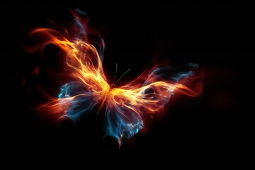 Abstract glowing fiery butterfly flying on black background and leaving red and blue fire trail behind Generative AI