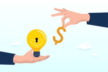 Businessman hand give dollar money to lightbulb business idea, funding startup idea, fundraising to start business, investor, venture capital or VC to financial support, budget or sponsorship (Vector)