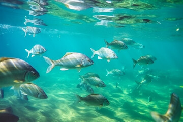 Colorful Sea Life Swims. Sea Bass fish underwater.