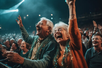 Obraz premium Excited Crowd Cheering in Musical Theatre Performance. Old people on music concert.