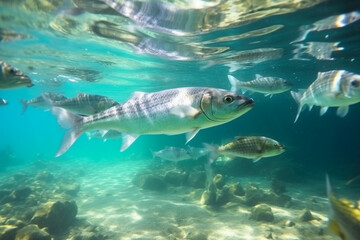 Colorful Sea Life Swims. Sea Bass fish underwater.
