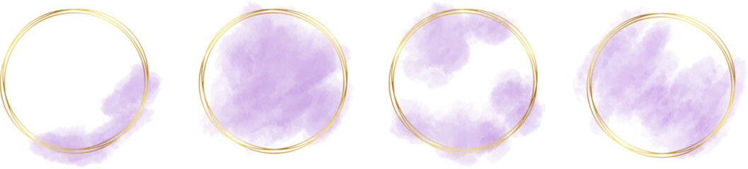 Gold frame with abstract splashes of purple watercolor brush strokes for logos, banners, cards, covers, flyers, and posters, watercolor strokes with gold frame