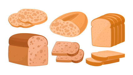 Bread loaves. Cartoon bakery wheat products, loaf of bread and sliced bread flat vector illustration set. Bakery products