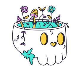 Doodle skull patch. Psychedelic weird trippy skull with flowers sticker, groovy hallucination element flat vector illustration