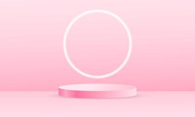 Pastel pink podium for product promotion, with and neon light elements