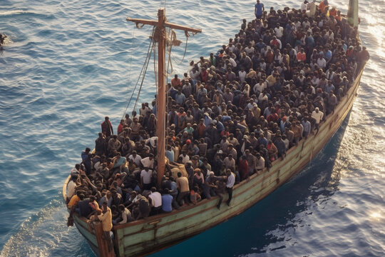 Migrants in an overcrowded boat cross the sea.