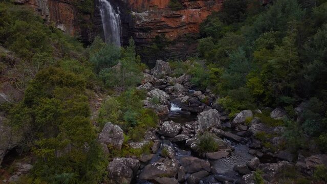 South Africa aerial drone Lisbon Berlin Falls waterfalls Sabie cinematic Kruger National Park partially cloudy lush spring summer green stunning river landscape bush slowly forward pan up movement