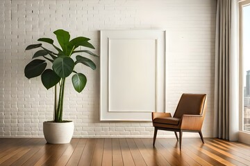 Blank artwork frame with tropical plant and armchair isolated on brick wall