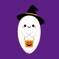 Cute ghost floating with Halloween pumpkin basket for Trick or Treat. Funny spooky boo character. Spook phantom with happy smiling face expression. Isolated kids flat vector illustration.