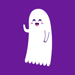 Cute ghost floating with Halloween pumpkin basket for Trick or Treat. Funny spooky boo character. Spook phantom with happy smiling face expression. Isolated kids flat vector illustration.