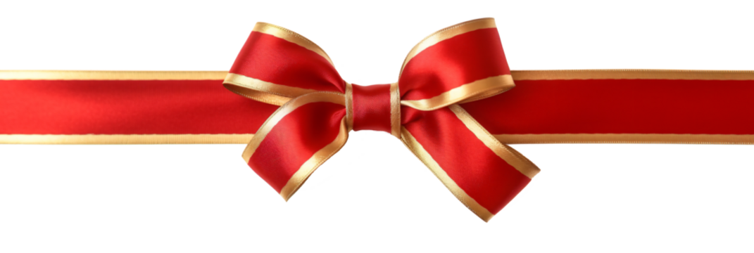 red ribbon  and bow with gold isolated against transparent background