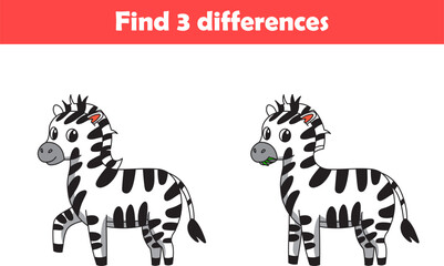 Education game for children find three differences between two zebra animal cartoon. Vector illustration