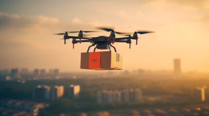 Fototapeta na wymiar Delivery drone flying through the city, transporting packages.