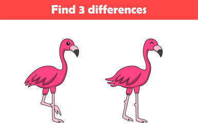Education game for children find three differences between two flamingo animal cartoon. Vector illustration