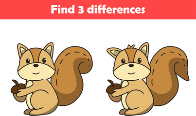 Education game for children find three differences between two squirrel animal cartoon. Vector illustration