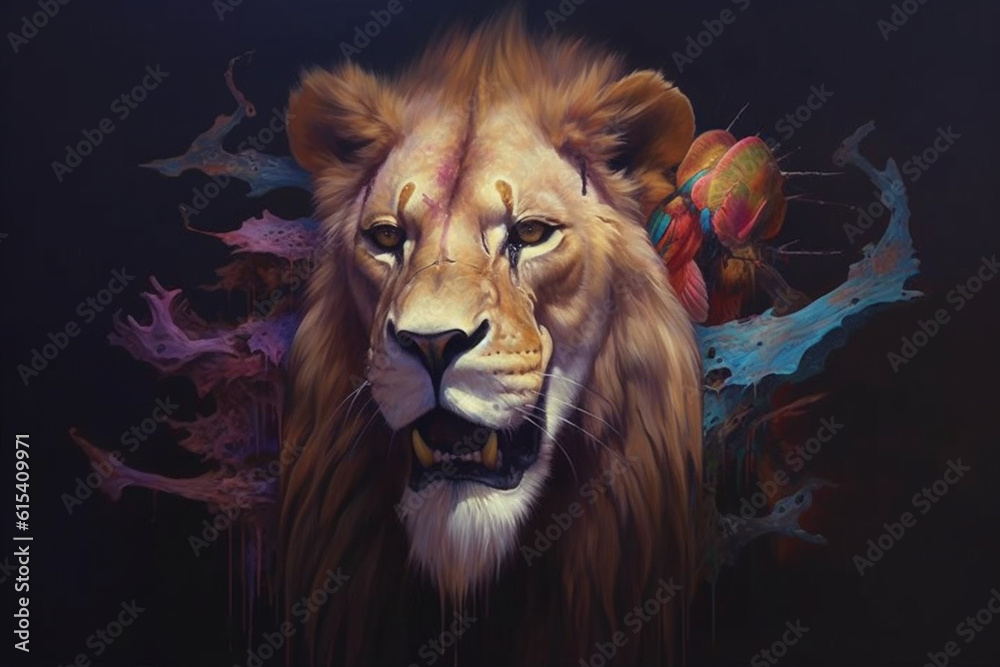 Poster a captivating image showcases a surreal fusion of a lion skull and a bird's beak, creating a unique 
