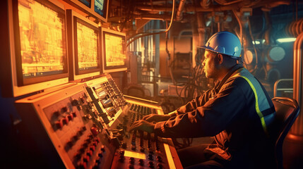 Operator monitoring the readings of devices and work equipment at central control unit of Nuclear Power Plant.