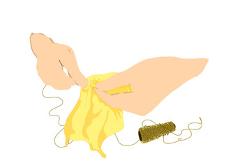 hand sewing yellow cloth manually on a white background