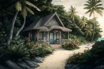 Bungalow on a tropical island. Villa near the ocean. Tropical plants and house. Generated by AI