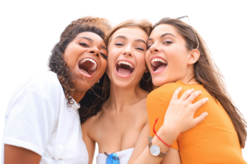 Three young smiling hipster women in summer clothes posing on a transparent background. Female showing positive face emotions.