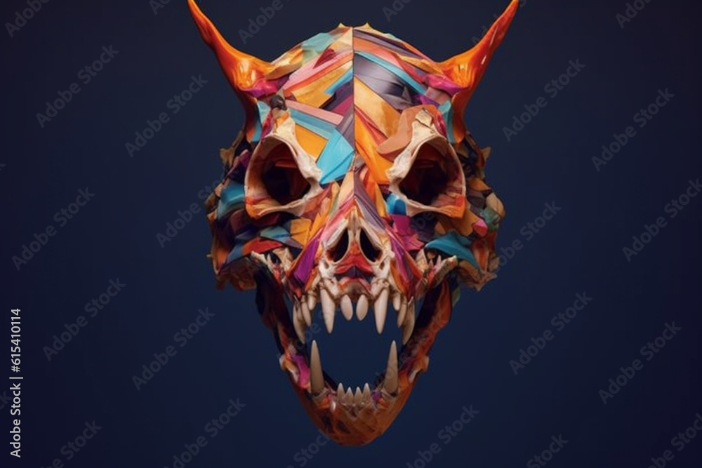 Poster an image showcases a modern and abstract interpretation of a bear skull, with bold geometric shapes 