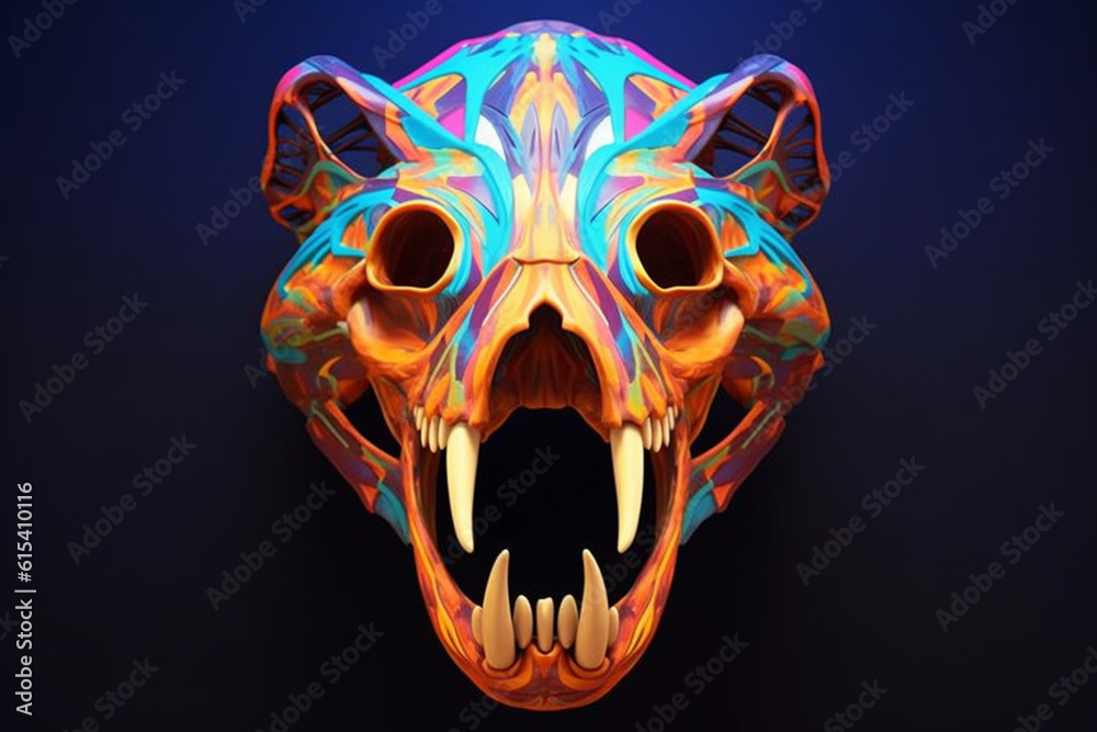Poster an image showcases a modern and abstract interpretation of a bear skull, with bold geometric shapes 