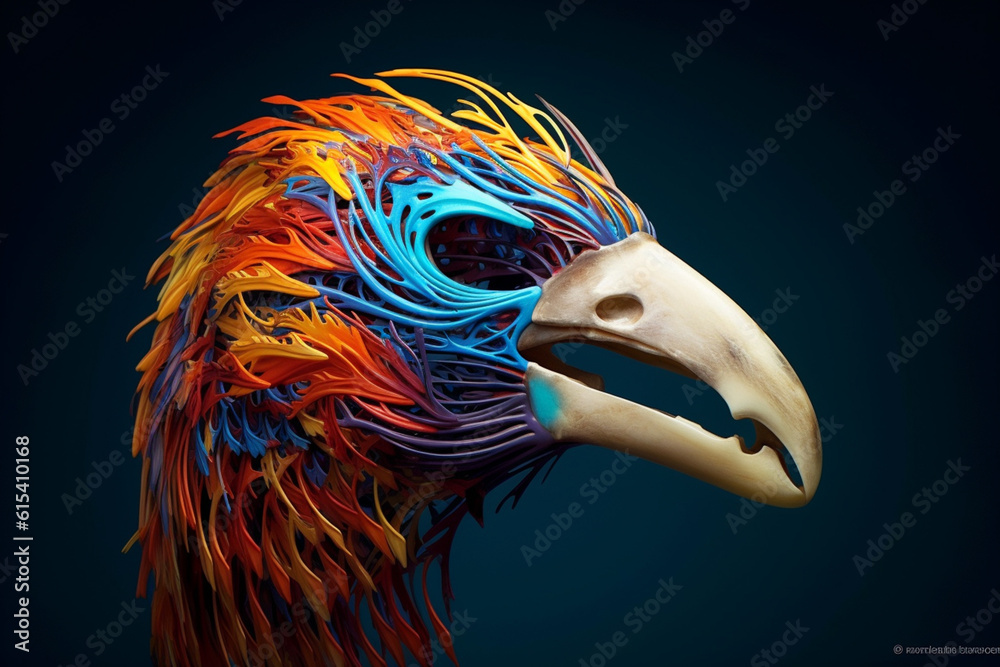Poster A trending image depicts an artistic interpretation of a bird skull, with abstract and flowing lines that capture. Generative AI technology