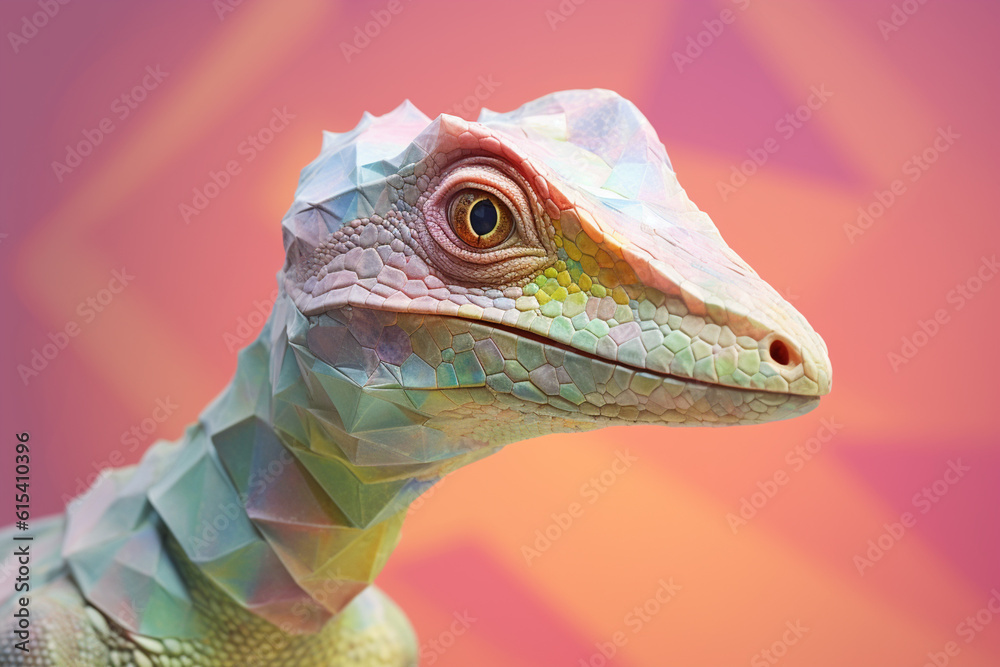 Poster A pastel-colored geometric-style Compsognathus artwork with intricate geometric shapes and soft pastel hues. Generative AI technology