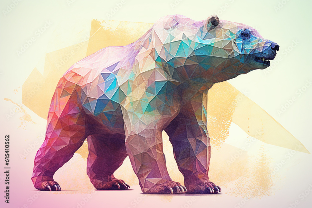 Poster a pastel-colored geometric-style giant ground sloth artwork with intricate geometric shapes and soft