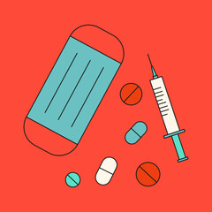 Medicine, pills, syringe, tablets, mask, vector illustration.