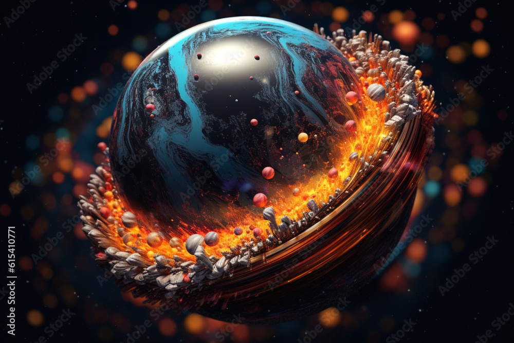 Poster planet with intricate geometric patterns and vibrant colors, evoking a sense of cosmic energy and ex