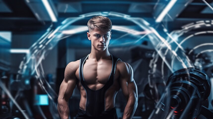 Fototapeta na wymiar Portrait of muscular young guy standing after finished workout with machines and equipment in futuristic gymnasium club.