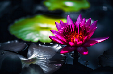 purple water lily with green lily pond