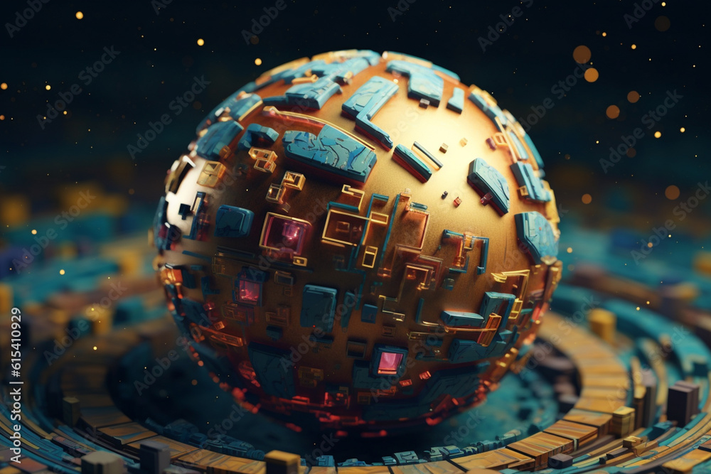 Poster a geometrically inspired planet with intersecting lines and geometric forms. Generative AI technology