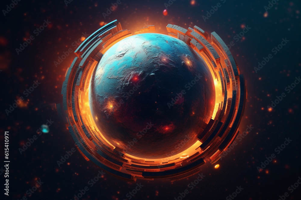 Aufkleber an abstract planet with intersecting geometric shapes and translucent layers, creating a sense of depth and mystery in the cosmic expanse. Generative AI technology