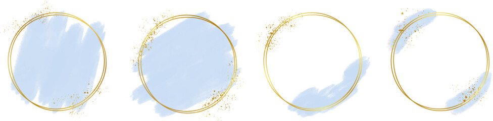 Gold frame with abstract splashes of blue watercolor brush strokes for logos, banners, cards, covers, flyers, and posters, watercolor strokes with gold frame