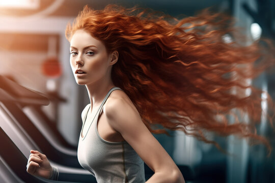 Side view portrait of beautiful red haired ginger woman running on treadmill at gym.