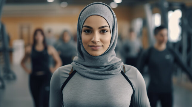 Portrait of young muslim woman wearing a hijab at gym.
