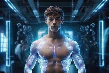 Muscular young male bodybuilder with hologram covering his naked torso in the gym. Sports, competition and technology concept.