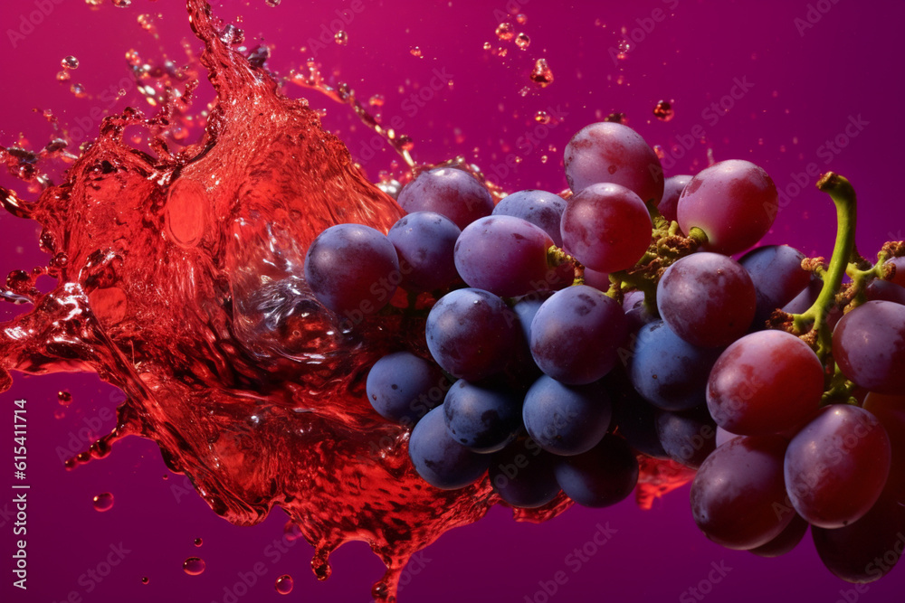 Poster an vibrant photograph malbec grape splashed in bright paint, contemporary background. generative ai 