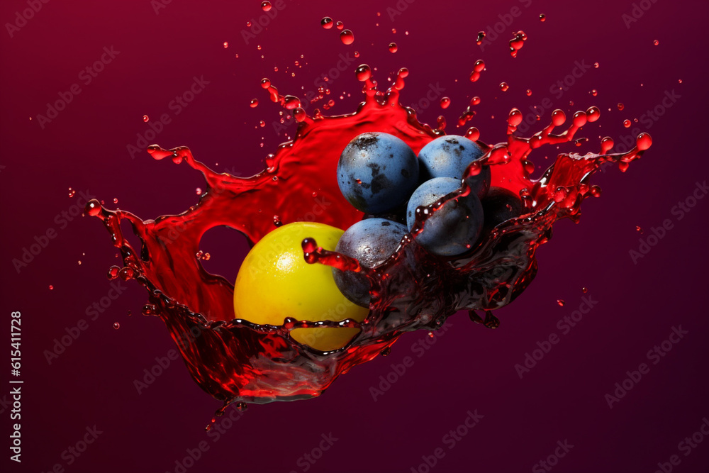 Poster an vibrant photograph tempranillo grape splashed in bright paint, contemporary background. generativ